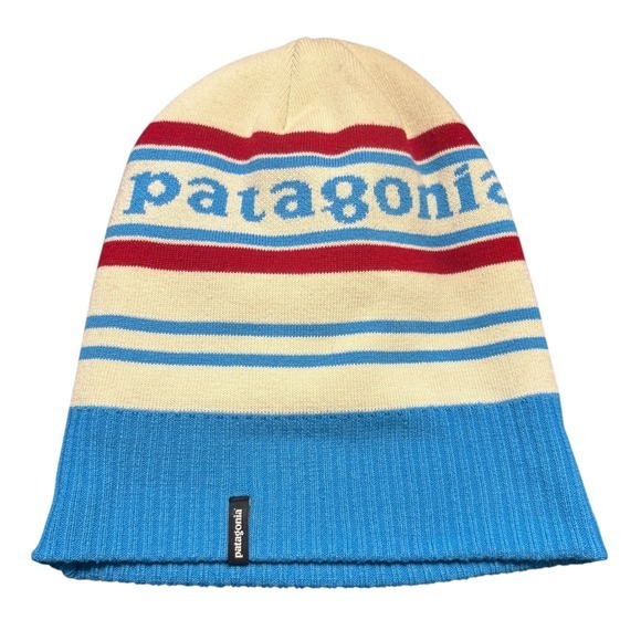 Patagonia Powder Town Retro Logo Beanie Blue Red Cream Knit Hat‎ - Picture 4 of 7